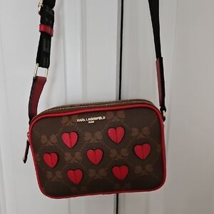 Karl Lagerfeld Red and Brown Crossbody Bag with Heart Accents